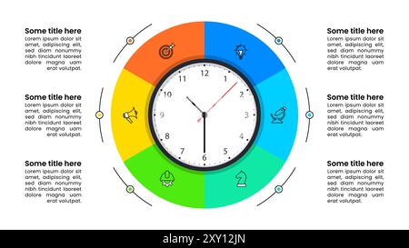 Modello infografico con icone e 6 opzioni o passaggi. Orologio. Può essere utilizzato per layout del flusso di lavoro, diagrammi, banner, webdesign. Illustrazione vettoriale Illustrazione Vettoriale