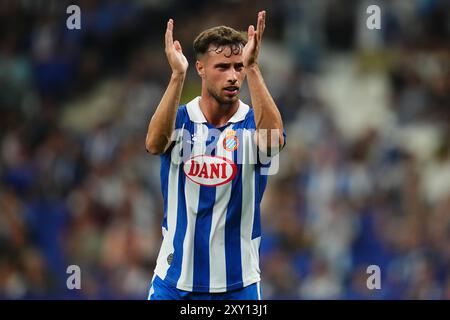 Barcellona, Spagna. 26 agosto 2024. Durante la Liga EA Sports match tra RCD Espanyol e Real Sociedad giocato allo stadio RCDE il 24 agosto 2024 a Barcellona, Spagna. (Foto di Bagu Blanco/PRESSINPHOTO) credito: PRESSINPHOTO SPORTS AGENCY/Alamy Live News Foto Stock