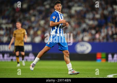 Barcellona, Spagna. 26 agosto 2024. Alejo Veliz dell'RCD Espanyol durante la Liga EA Sports match tra RCD Espanyol e Real Sociedad giocato allo stadio RCDE il 24 agosto 2024 a Barcellona, Spagna. (Foto di Bagu Blanco/PRESSINPHOTO) credito: PRESSINPHOTO SPORTS AGENCY/Alamy Live News Foto Stock