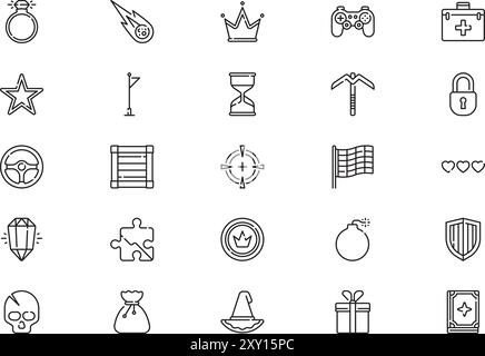 La raccolta di icone elementi videogame è un'illustrazione vettoriale con tratto modificabile. Illustrazione Vettoriale