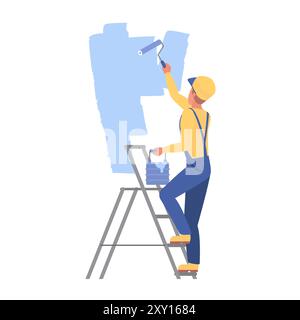 Immagine vettoriale di un pittore in piedi su una scala mentre dipinge un muro. Illustrazione Vettoriale
