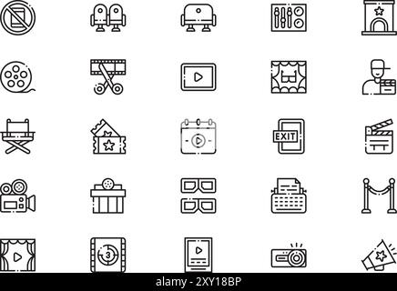 La collezione Cinema icons è un'illustrazione vettoriale con traccia modificabile. Illustrazione Vettoriale