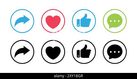 Come, amare, commentare e condividere il vettore delle icone nella linea del cerchio. Pulsanti icona "mi piace", "Condividi", "commenta" e "ama cuore". Set di icone vettoriali dei social media. Illustrazione Vettoriale