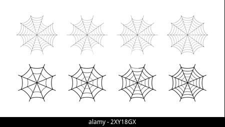 Set di icone ragnatele in forma diversa. Contorno di icone vettoriali ragno. Set di icone vettoriali Spider Web. Illustrazione vettoriale. Illustrazione Vettoriale