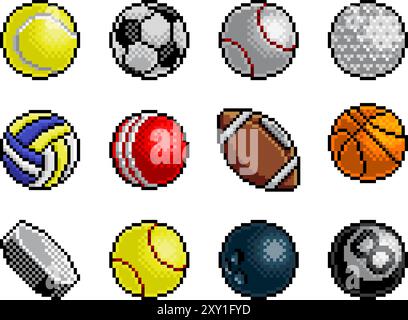 Set di palloni sportivi palline sportive icone dei giochi d'arte Pixel Illustrazione Vettoriale