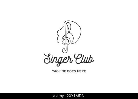 Singer Vocal Karaoke Coro con note musicali Treble Clef Singing Man Face silhouette Logo Design Vector Illustrazione Vettoriale