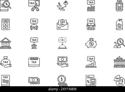 La raccolta delle icone delle tasse è un'illustrazione vettoriale con traccia modificabile. Illustrazione Vettoriale