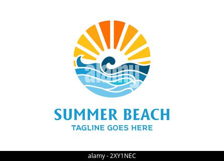Summer Beach Coast Island Sea Ocean con Wave Logo Design Vector Illustrazione Vettoriale