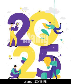 Il personale dell'ufficio si sta preparando per il nuovo anno 2025. Illustrazione vettoriale. I personaggi dei cartoni animati riparano i numeri. L'immagine è isolata su un backgroun bianco Illustrazione Vettoriale
