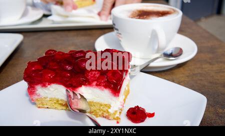 Un pezzo di torta ai lamponi e un cappuccino su un tavolo in un ristorante. Foto Stock