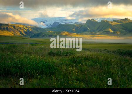 Splendida vista di un prato nel sud dell'Islanda con un ghiacciaio sullo sfondo, in una mattina d'estate, vista panoramica, campagna, nuvole di tempesta Foto Stock
