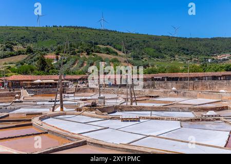 Rio Maior, Portogallo: 7 luglio 2024: Fonte da Bica Salt Flats, alias Salinas de Rio Maior, sistema di compartimenti d'acqua poco profondi e grondaie per sale extra Foto Stock