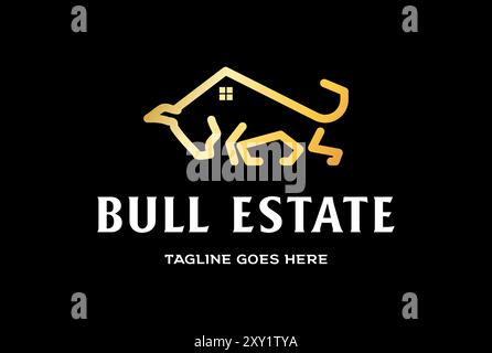 Elegante Golden Bull Longhorn di lusso con Casa per Immobiliare Appartamento Immobiliare Immobiliare Logo Design Vector Illustrazione Vettoriale