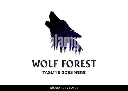 Silhouette vintage retro Howling Wolf con legno di cedro di pino, fiori Evergreen, logo forestale Vector Illustrazione Vettoriale