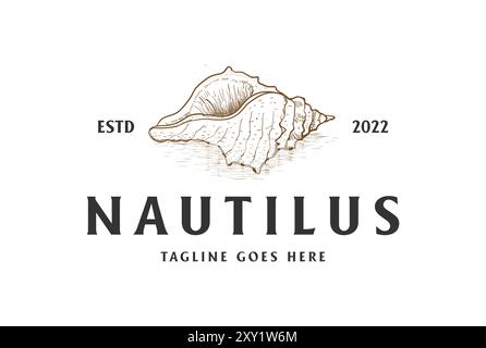 Design Vector con logo Nautilus, disegno a mano vintage retro, schizzo, conchiglia oceanica Illustrazione Vettoriale