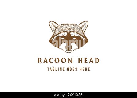 Vintage retro disegnato a mano con il logo del viso della testa di procione animale Vector Illustrazione Vettoriale