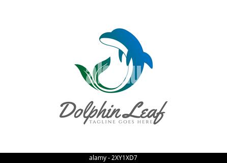 Pesci delfini che saltano nell'oceano con il design Vector con logo Green Leaf Tail Illustrazione Vettoriale