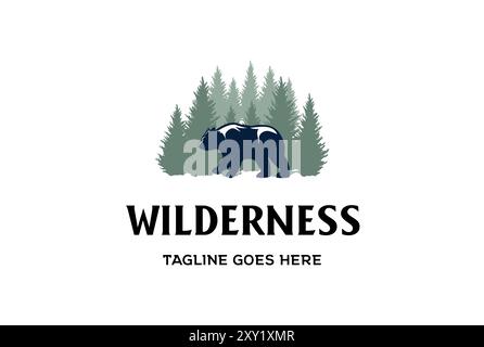 Orso polare di ghiaccio con cedro di pino abete rosso Conifer cipresso Fir Trees Forest for Outdoor Adventure Logo Design Vector Illustrazione Vettoriale