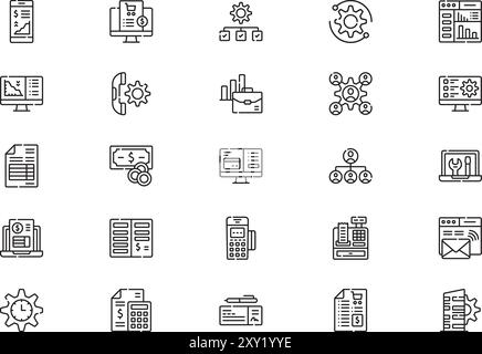 La raccolta Enterprise Resource Planning erp icons è un'illustrazione vettoriale con traccia modificabile. Illustrazione Vettoriale