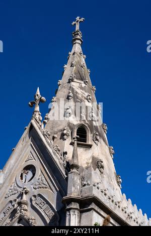 Dettaglio architettonico di un'elaborata guglia su un mausoleo nel cimitero di Recoleta a Buenos Aires, Argentina. Foto Stock