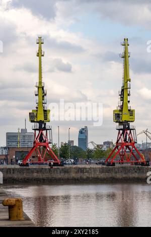 Gru a cavalletto ritirate per caricare navi in mostra negli ex moli di Puerto Madero, Buenos Aires, Argentina. Foto Stock