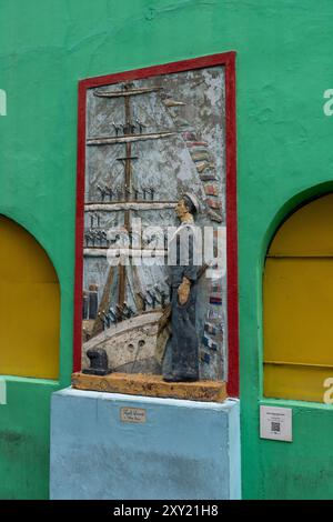 Una scultura in bassorilievo "fregata Sarmiento" dell'artista Angel Ibarra Garcia su un muro a Caminito, la Boca, Buenos Aires, Argentina. Foto Stock