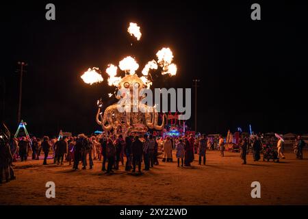 Una folla si raduna intorno alla rinomata auto d'arte El Pulpo di Unscruz, l'evento regionale Burning Man per la Bay area nella California settentrionale. Foto Stock