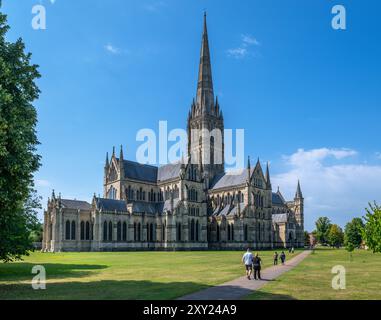 Cattedrale di Salisbury da North Walk, Salisbury, Wiltshire, Inghilterra, Regno Unito Foto Stock