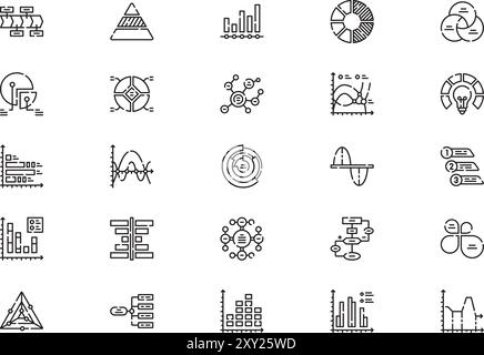 La raccolta di icone di grafici e diagrammi è un'illustrazione vettoriale con traccia modificabile. Illustrazione Vettoriale