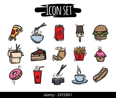 Set vettoriale di icone dello Street food. Segni e simboli di fast food, cibo cinese, bevande, dolci. Elementi di design per il menu Illustrazione Vettoriale