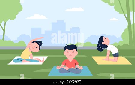 Yoga per bambini nel parco. Attività sportive per bambini all'aperto. Allenamento stagionale di pilates stretching, asana stand. Giovani atleti, personaggi vettoriali sportivi recenti Illustrazione Vettoriale