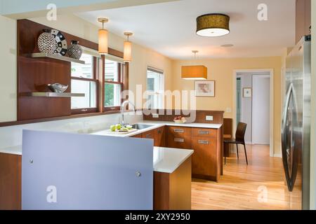 Cucina moderna e pulita con pareti gialle, armadi moderni e scuri e pannello grigio per separare la cucina dalla sala da pranzo Foto Stock