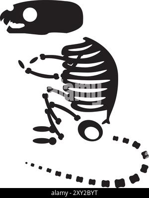 Ratto spaventato di Halloween con ossa di scheletro essiccate, personaggio da favola inquietante. Spaventoso antico fossile di ratto spaventato. Semplice Vector bianco e nero Illustrazione Vettoriale