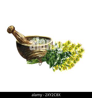 Erba medica secca e schiacciata dell'erba di San Giovanni perforata in un mortaio di legno. Tè alle erbe. Isolare. Illustrazione ad acquerello fatta a mano. Tè sano An Foto Stock