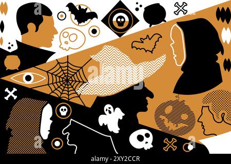 Festa orizzontale dei personaggi di Halloween A4 poster delle feste in nero e arancio di zucca con personaggi in costumi di carnevale. Modello per la stampa Illustrazione Vettoriale