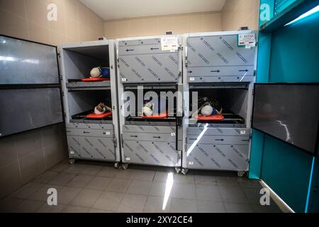 Tulkarm, Palestina. 27 agosto 2024. (NOTA A CURA: L'immagine raffigura la morte)Una vista dei corpi di cinque palestinesi uccisi in un attacco aereo israeliano sul campo profughi di Nour Shams. Credito: SOPA Images Limited/Alamy Live News Foto Stock