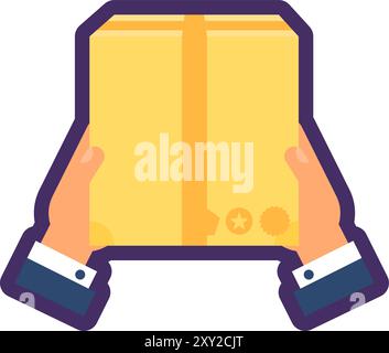 Mani del corriere che tengono chiusa la scatola di cartone. Consegna di merci, processo di acquisto elemento piatto per un design moderno e retrò. Semplice pittogramma vettoriale di colore Illustrazione Vettoriale