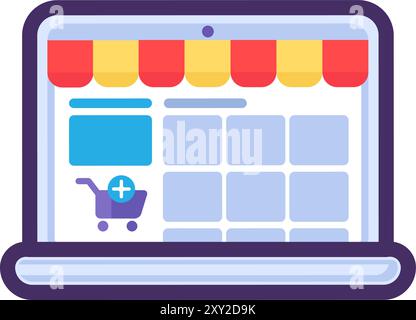 Pagina del negozio online sullo schermo del notebook. Acquisto remoto di beni, processo di acquisto elemento piatto per un design moderno e retrò. Semplice pittogramma vettoriale a colori Illustrazione Vettoriale