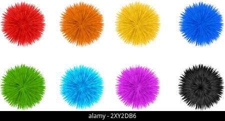 Pomponi di pelliccia. Palle soffici, pelo di lana pompon sfera fuzzy pon morbido pompon pon pon pon peloso pompom giocattolo fuzz colorato, illustrazione vettoriale realistica 3d, grafica originale Illustrazione Vettoriale