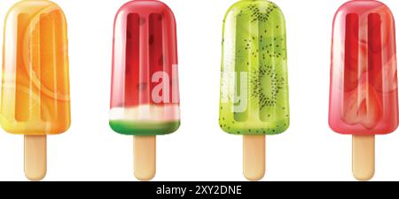 papaveri di frutta 3d. Gelaterie realistiche, frutta a base di papavero anguria kiwi succo d'arancia gelato colorato con bacchette di ghiaccio, illustrazioni vettoriali originali Illustrazione Vettoriale