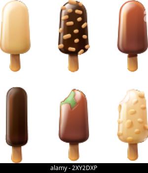 papaveri al cioccolato 3d. Papavero realistico, gelato con sorbetto alla vaniglia smaltato con nocciole su barra di legno, arachidi di gelato eschimese morsa, illustrazione grafica originale del vettore di rendering esatto Illustrazione Vettoriale