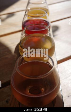 Un volo di sidro all'Island Orchard Cider a Ellison Bay, Wisconsin. Foto Stock