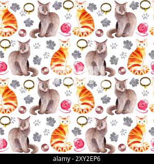 Motivo senza cuciture acquerello. Gatti domestici, gatto soffice grigio, gatto tabby rosso, palla di filo, binari per animali domestici, collare. Tutti gli oggetti sono disegnati a mano con Foto Stock