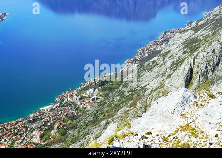 La baia di Cattaro dalla cima di Pestingrad: Acque azzurre dell'Adriatico, il pendio della montagna e la costa con case di Dobrota Foto Stock