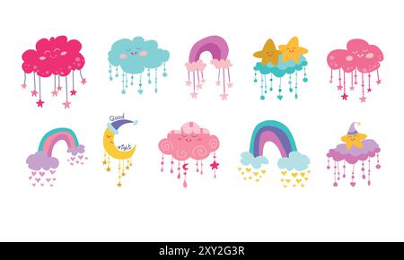 Set di simpatici arcobaleno disegnato a mano, sole, nuvole, stelle, meteo in stile piatto. Elementi di clipart dei fumetti per vivaio. Scheda invito Design for shower Illustrazione Vettoriale