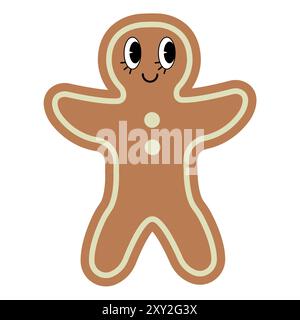 Gingerbread Man in stile retrò. Elemento per auguri di buon Natale e felice anno nuovo, poster, invito alla festa. Illustrazione vettoriale Illustrazione Vettoriale