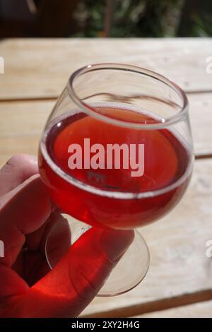 Un volo di sidro all'Island Orchard Cider a Ellison Bay, Wisconsin. Foto Stock