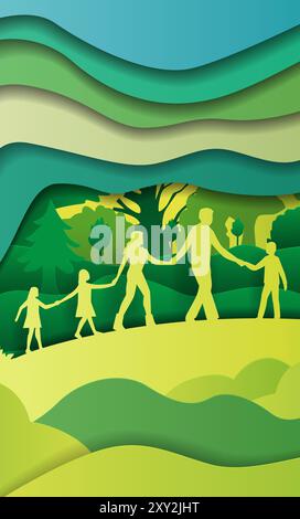 Passeggiate in famiglia nella natura concetto ecologico sagome di genitori e bambini che si tengono per mano circondati da paesaggi verdi a strati, alberi e colline Illustrazione Vettoriale