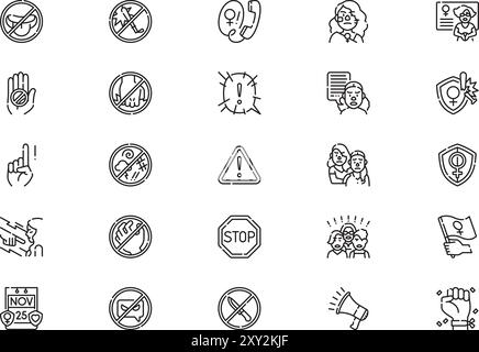 La giornata internazionale per l'eliminazione della violenza contro le donne la raccolta di icone è un'illustrazione vettoriale con ictus modificabile. Illustrazione Vettoriale