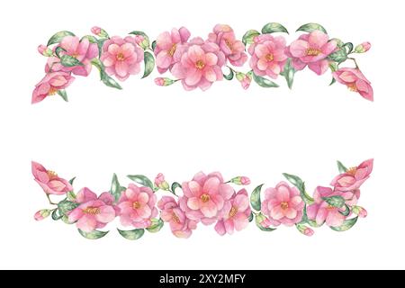 Cornice rettangolare realizzata con delicati fiori di camelia rosa, foglie verdi e gemme. Clipart color acquerello Camellia japonica per inviti di nozze, biglietti di auguri o confezioni di prodotti Foto Stock